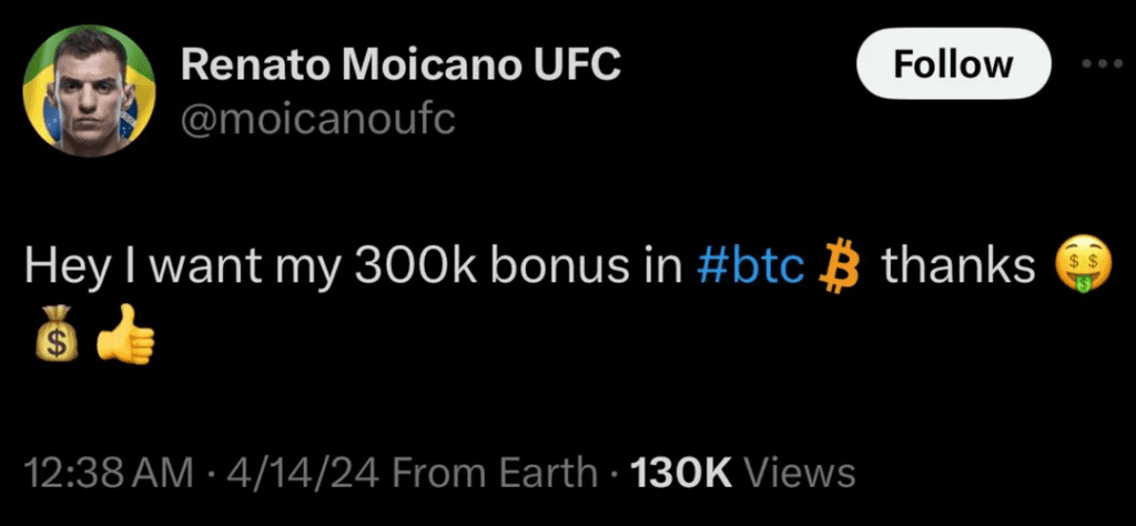 Tweet van Renato voor zijn Bitcoin bonus