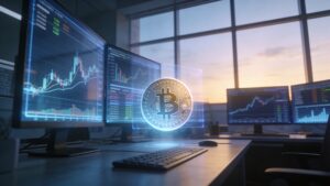Stilistische trading desk met abstracte koers- en datavisualisaties en een hologram van een Bitcoin-munt