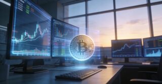 Stilistische trading desk met abstracte koers- en datavisualisaties en een hologram van een Bitcoin-munt